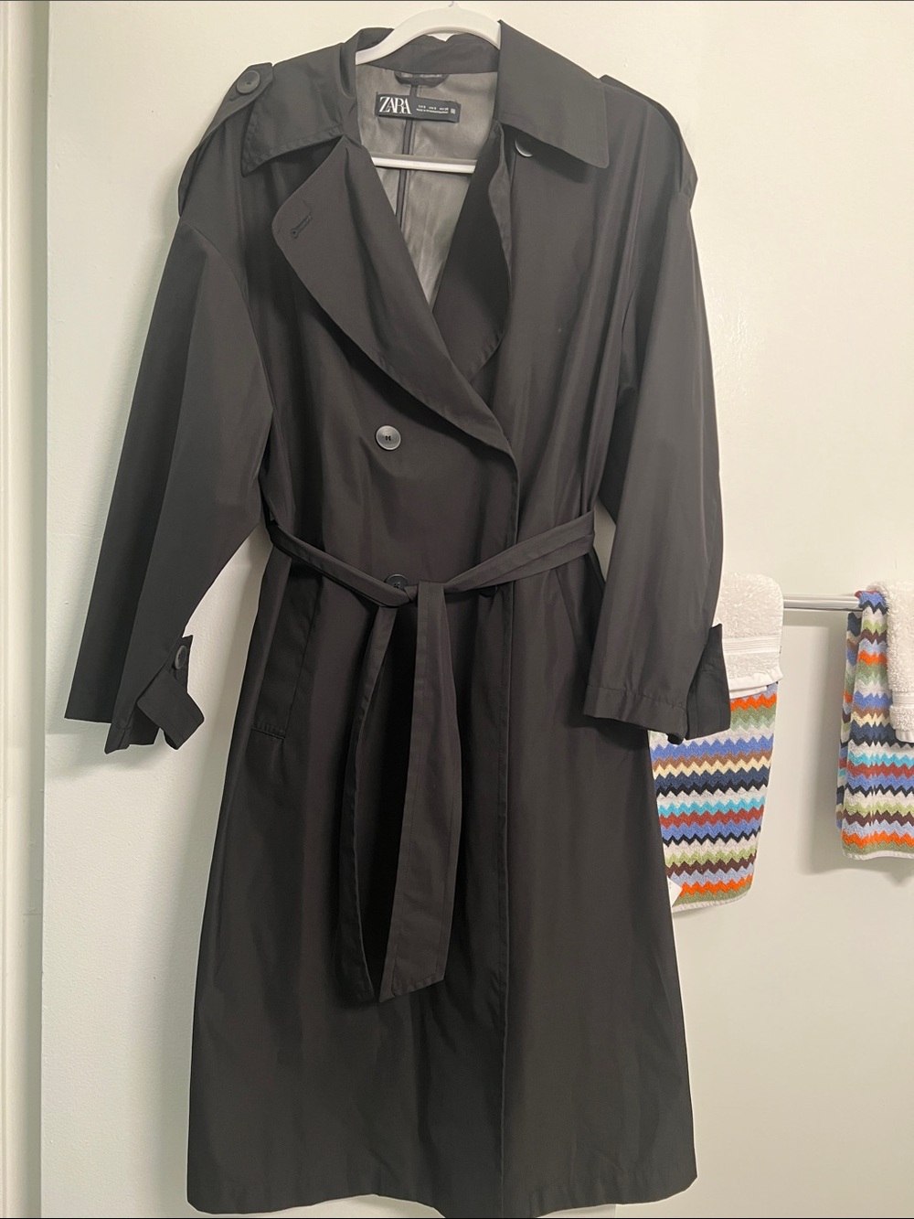 Zara Black Double-Breasted Waterproof Trench with Waist Tie